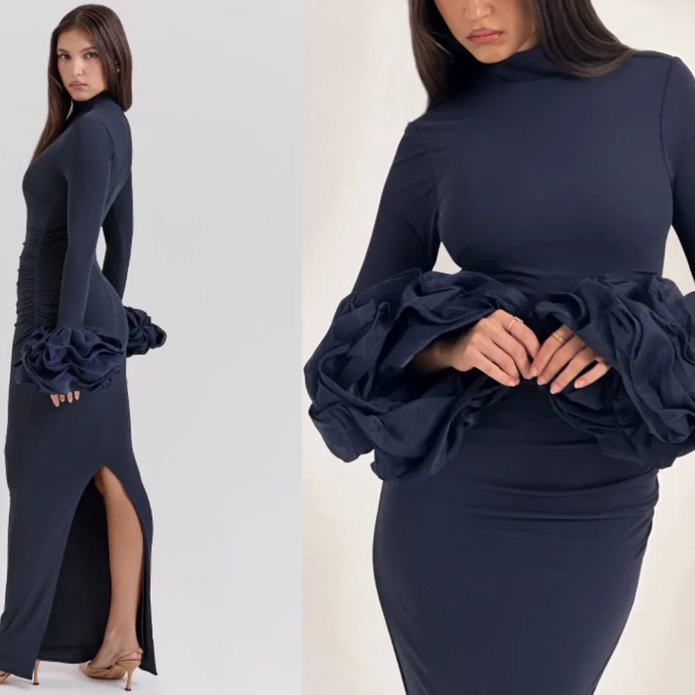 HOUSE OF CB 'Fabienne' Midnight Ruffle Sleeve Maxi Dress NWOT - Picture 5 of 9